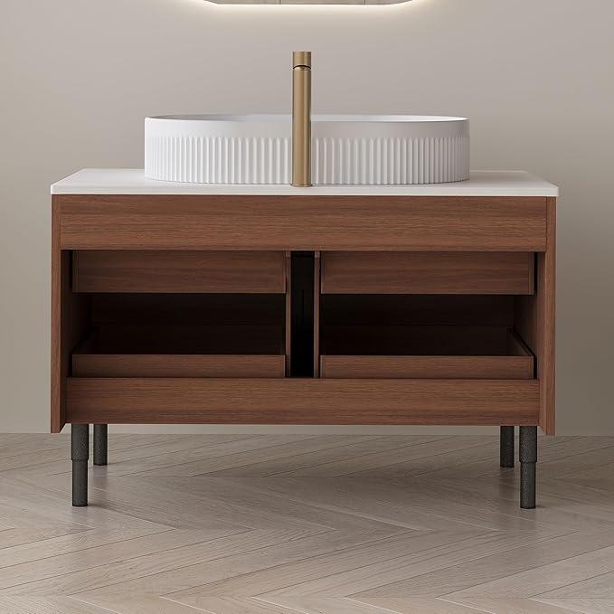 36" Bathroom Vanity with Above Oval Sink Set, Modern Walnut 2-in-1 Wall Mounted & Freestanding Bathroom Vanity Cabinet with Sintered Stone top&4 Storage Drawers, Bathroom Single Sink Cabinet