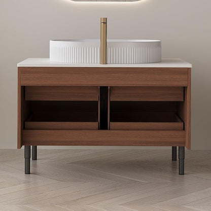 36" Modern Bathroom Vanity with Above Oval Sink, 2-in-1 Wall Mounted & Free-Standing Bathroom Vanity Cabinet with Sintered Stone Top & 4 Drawers, Walnut Wood Single Sink Bathroom Vanities