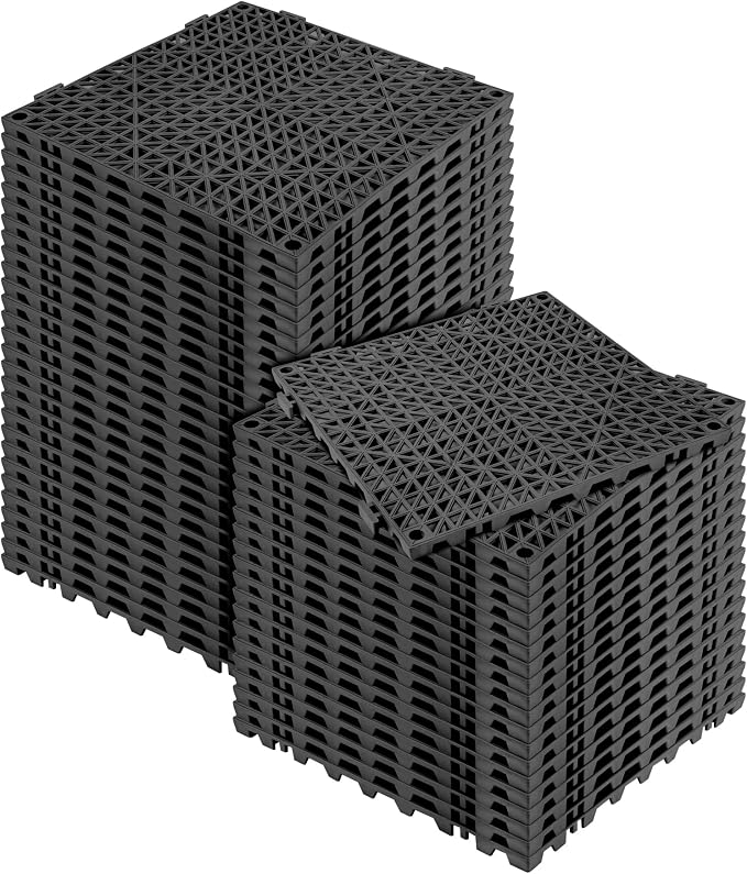 Modular Interlocking Cushion 48 Pack 11.8" x 11.8" Rubber Floor Tiles Non-Slip Splicing Drainage Mats for Deck, Black