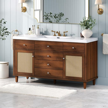 60 Inch Brown Bathroom Vanity with Single Sink,Large Rattan Bathroom Vanity with Spacious Countertop & Deep SMC Sink,with 5 Drawers & 2 Soft Closing Doors,Silver Knobs,Woven Front,8 in Faucet Hole