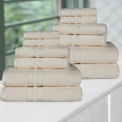 Superior Ultra-Soft Cotton Towel Set, 4 Bath Towels, 4 Hand Towels, 4 Face Towels/Washcloths, Quick-Dry, Shower, Spa Basics, Essentials, Solid, Double Line Dobby Border, 12 Piece Set, Ivory