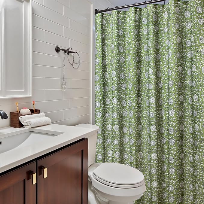 MUGINYU Sage Green Floral Shower Curtain Vintage Block Print - 72x72 Inches,Cotton Blend Cloth Fabric Farmhouse Decorative French Country Bathroom Decor, Cottagecore Aesthetic Pattern