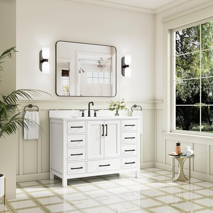 48-Inch Bathroom Vanity with Sink, 2 Soft-Close Doors and 9 Soft-Close Drawers, Bathroom Freestanding Vanity with Cultured Marble Countertop, Bathroom White Vanity with Matte Black Handles
