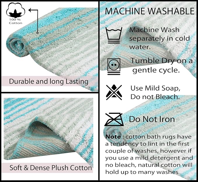 Home Weavers 100% Cotton Gradiation Collection Bathroom Décor | Washable Rug | Bathroom Mat | Kitchen Mat | Bathroom Rug Set | Bath Mat Set | Bath Floor Mat Non Slip, 2 Piece Set(S+M), Turquoise