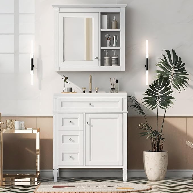 Merax 30 Inch Bathroom Vanity with Sink, Modern Bathroom Vanity Storage Cabinet with Matching Mirror Medicine Cabinet, Solid Wood Frame，Painted Finish, 2 Drawers and 1 Tip-Out Drawer, White