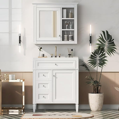 Merax 30 Inch Bathroom Vanity with Sink, Modern Bathroom Vanity Storage Cabinet with Matching Mirror Medicine Cabinet, Solid Wood Frame，Painted Finish, 2 Drawers and 1 Tip-Out Drawer, White