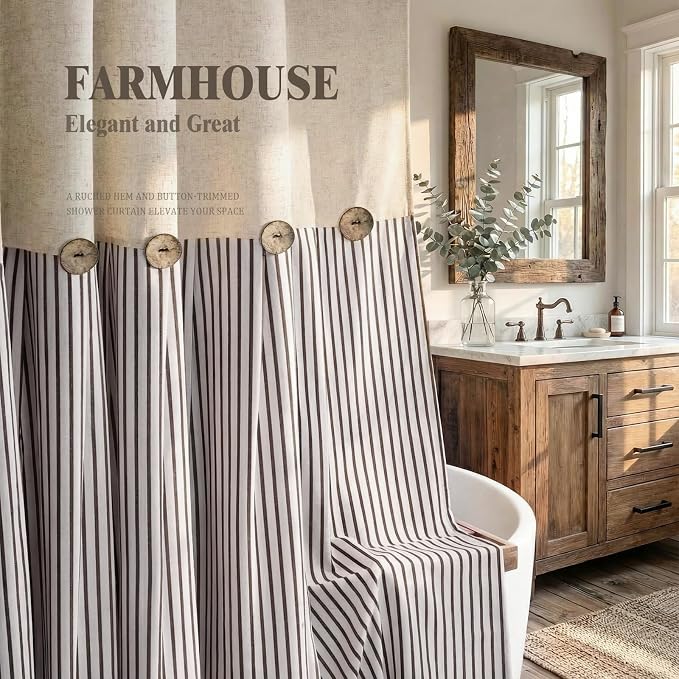 Farmhouse Shower Curtain Linen Beige Button Brown Stripe 72"W x 78"L | Farmhouse Style, Chic Button, Striped, Linen Fabric, Rustic, Country, Natural Look, Washable, for Bathroom Bathtub