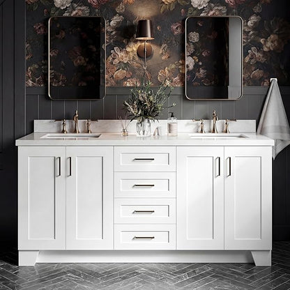 DKB Emilia 72 Inch Bathroom Vanity Double Sink — White Bathroom Vanity with Sink, 1.5" Edge Italian Carrara Marble Countertop & Backsplash, 4 Soft-Close Doors, and 6 Dovetail Drawers