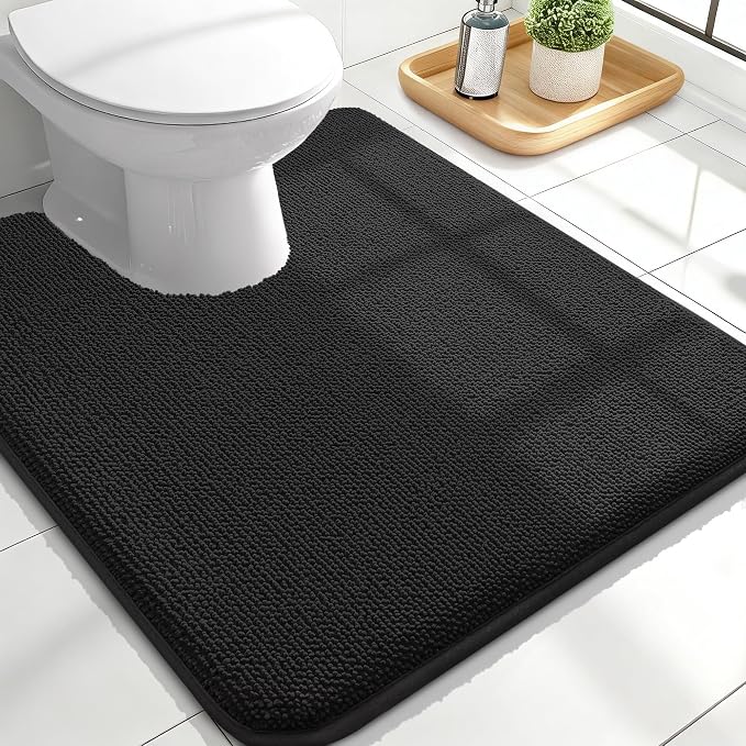 OLANLY Memory Foam Bathroom Toilet Rug U-Shaped 24x20, Absorbent Mat, Black | Soft Quick Dry Bath Rugs, Non-Slip Carpet, Machine Washable Mat for Bathroom Floor, Tub and Shower, Home Decor Accessories