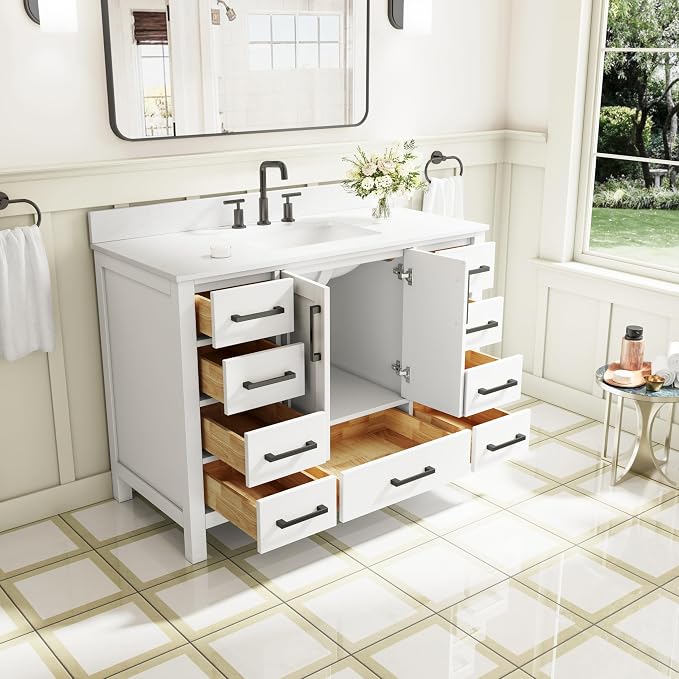 48-Inch Bathroom Vanity with Sink, 2 Soft-Close Doors and 9 Soft-Close Drawers, Bathroom Freestanding Vanity with Cultured Marble Countertop, Bathroom White Vanity with Matte Black Handles