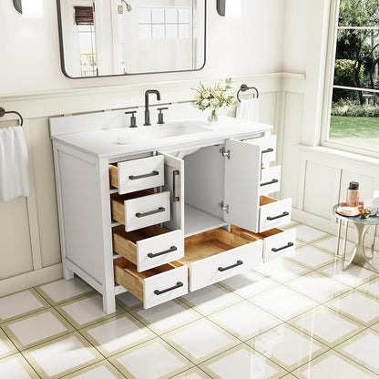48-Inch Bathroom Vanity with Sink, 2 Soft-Close Doors and 9 Soft-Close Drawers, Bathroom Freestanding Vanity with Cultured Marble Countertop, Bathroom White Vanity with Matte Black Handles