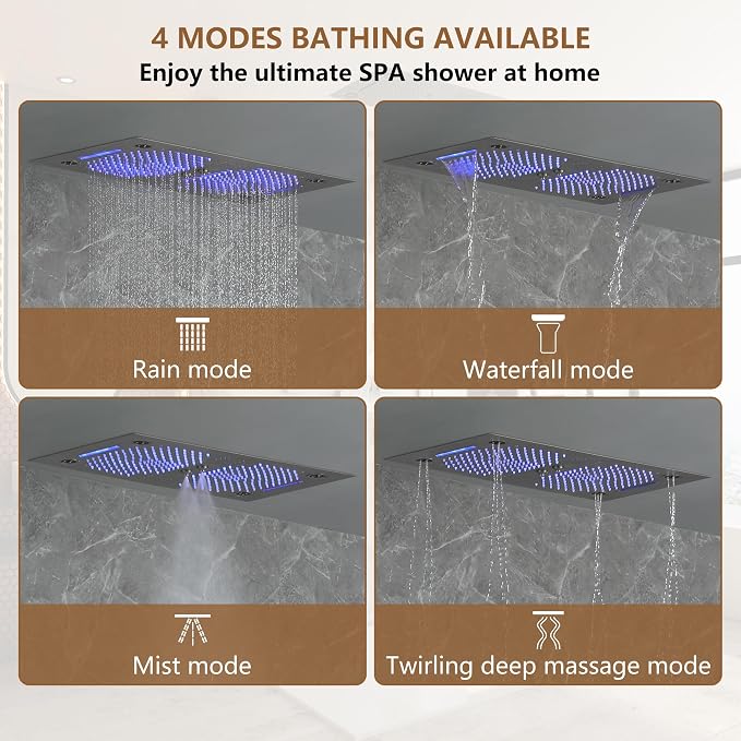 CASAINC 27x16 Inch Thermostatic Shower System Luxury 6 Functions Full Body Shower System with Sliding Rod 2 in 1 Handheld, LED & Music (Brushed Nickel)
