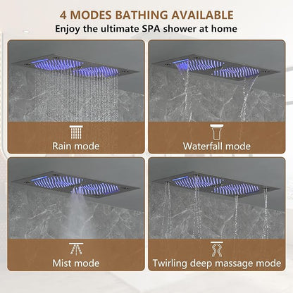 CASAINC 27x16 Inch Thermostatic Shower System Luxury 6 Functions Full Body Shower System with Sliding Rod 2 in 1 Handheld, LED & Music (Brushed Nickel)