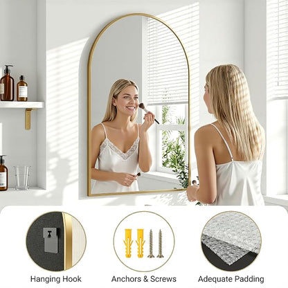 Antok Arched Bathroom Mirror, 26"x38" Wall Mounted Mirror, Vanity Mirrors for Over Sink, Aluminum Alloy Frame Bathroom Mirrors Living Room, Bedroom and Entryway, Gold