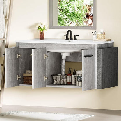 DWVO Modern 36" Bathroom Vanity with Sink Combo, Wall Mounted, White + Gray, 2 Soft-Close Doors, 1 Large Storage Cabinet, Ceramic Sink, Bathroom Storage