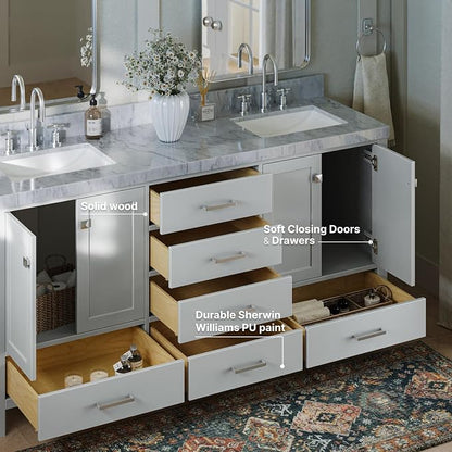 ARIEL Cambridge 72-inch Bathroom Vanity with Sink,Solid Wood, 2-inch Italian Carrara Marble Countertop, Double Rectangular Porcelain Sink, 4 Soft Closing Doors, 6 Dovetail Drawers, Grey