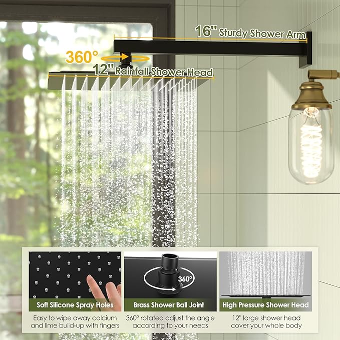 Shower System, Matte Black Shower Faucet Set, 12 Inch Rain Shower Head with Handheld Spray, High Pressure Shower Head System with Shower Valve and Trim Kit, Wall Mounted Shower Head Set