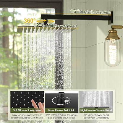 Shower System, Matte Black Shower Faucet Set, 12 Inch Rain Shower Head with Handheld Spray, High Pressure Shower Head System with Shower Valve and Trim Kit, Wall Mounted Shower Head Set