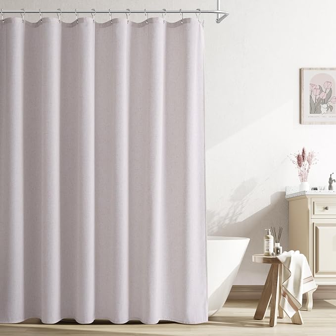 Champagne Linen Shower Curtain, Cloth Textured Fabric Shower Curtain Set with Hooks, Simple Elegant Modern Farmhouse Country Ultra Thick Bath Curtains for Bathroom,Water Repellent,72x90