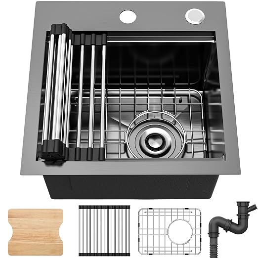 YITAHOME Black Drop In Kitche Sink Workstation, 15" Top Mount Stainless Steel Nano Gunmetal Black Small RV Sink with Cutting Board & Accessories for Workstation, Bar, 15 x 15 x 9 in