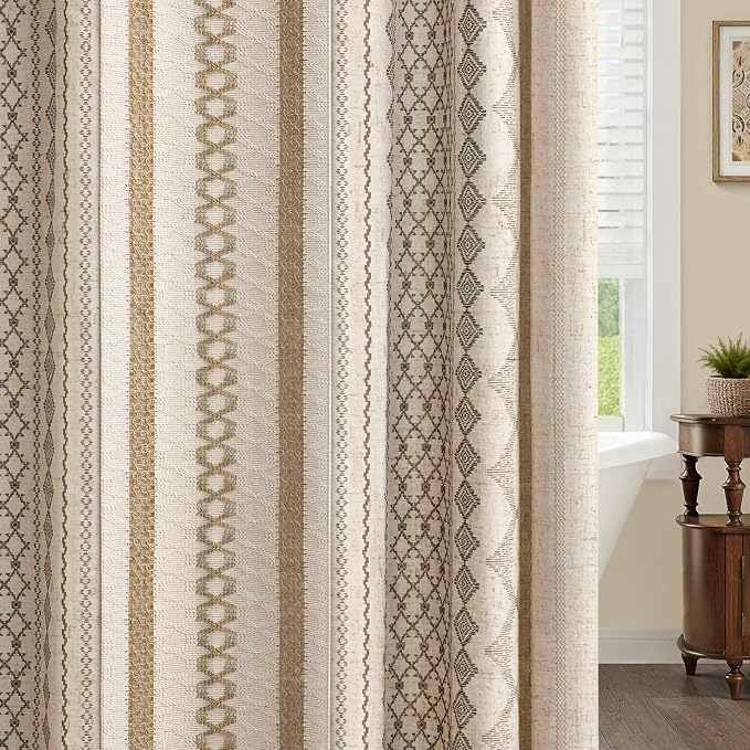 Natural Linen Boho Shower Curtain,72" W x 90" L | Linen Striped Print and Twine-Inspired Woven Center for Bathroom