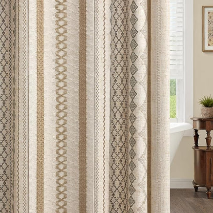 Natural Linen Boho Shower Curtain,72" W x 90" L | Linen Striped Print and Twine-Inspired Woven Center for Bathroom