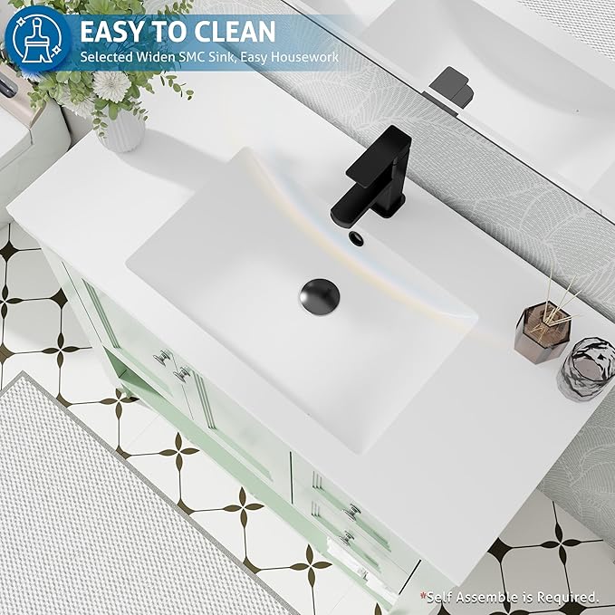 eclife 36" Bathroom Vanity with Sink Combo, Modern Painted Vanities Cabinet w/Wide Opening Storage Shelf, 2 Drawers, Soft Closing Doors and Undermount White Sink Faucet Drain, Green