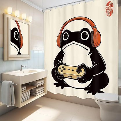 Funny Frog Japanese Gamer Anime Vintage Gaming Bathroom Shower Curtain Set | 60Wx71H Cool Retro waterproof HD print, quick-dry fabric, and 12 hooks for easy setup