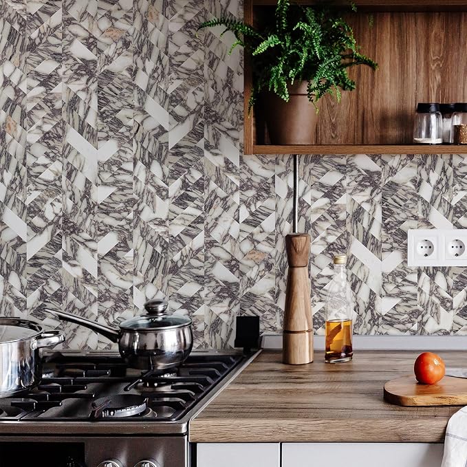 STICKGOO Herringbone Tile Peel and Stick Backsplash for Kitchen&Bathroom | 10-Sheet Self Adhesive Wall Tiles, Bulgari Purple Marble PVC Stick on Backsplash Tile for Kitchen,Bathroom