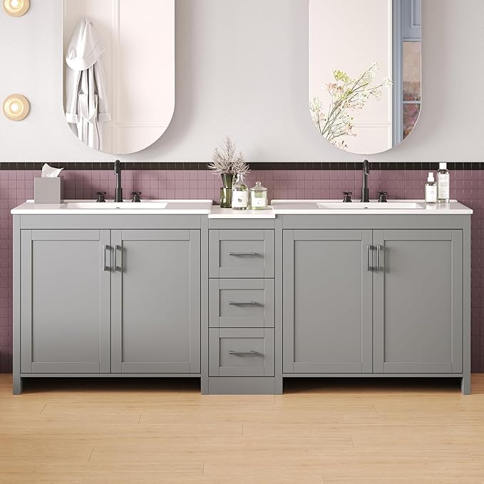 Merax 84 Inch Double Sink Bathroom Vanity with Quartz Countertop & Ceramic Basins, Bathroom Sink Vanity with Large Storage, Adjustable Shelves, 3 Drawers, Soft Close Hinges, Silver Handles, Grey