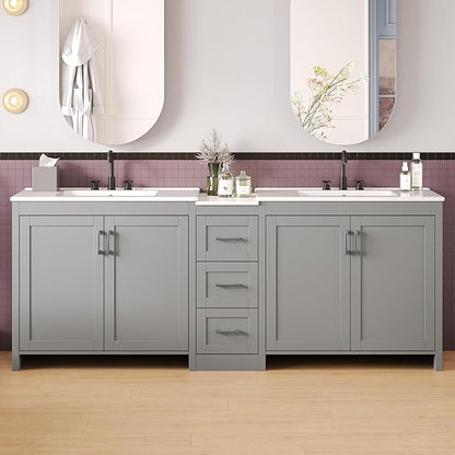Merax 84 Inch Double Sink Bathroom Vanity with Quartz Countertop & Ceramic Basins, Bathroom Sink Vanity with Large Storage, Adjustable Shelves, 3 Drawers, Soft Close Hinges, Silver Handles, Grey