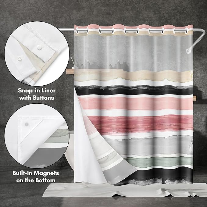 Americanflat 72x75 Hookless Shower Curtain - Water-Resistant Stripe Shower Curtain with Sheer Panel, Snap-In Liner, and Grommets - 100% Polyester - Blush Pink, Black, Sage Green, White, Grey and Cream