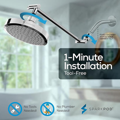 SparkPod 6" Round Rain Shower Head with 16" Shower Arm | Shower Head & Extension Arm Combo, Height Adjustable, High Pressure Performance, Easy 1-Minute Installation, Polished Chrome