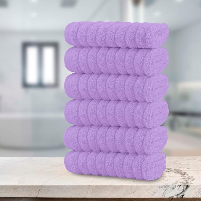 Elegant Comfort 100% Turkish Cotton Corduroy Ribbed Luxury Washcloths 6 Pack Soft 13 x 13 Inch - Higly Absorbent, Durable, Quick Dry, Spa Premium Hotel Quality for Bathroom or Travel, Lilac