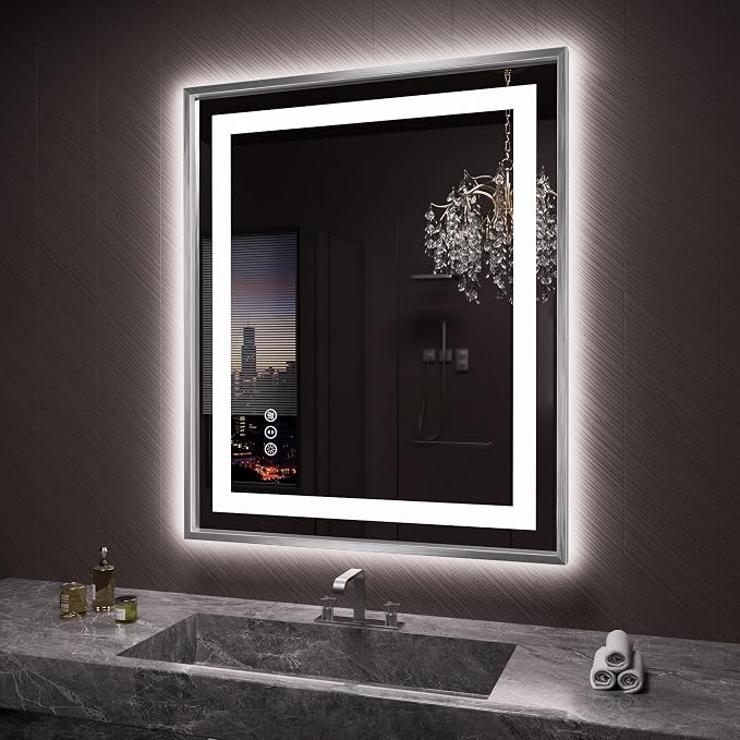 LED Bathroom Mirror 36"X30", Front Light and Backlit(Brushed Silver) | Metal Framed Mirror, Stepless Dimmable, Anti-Fog, HD Reflection, Shatter-Proof, Memory, 3 Colors, Double LED Vanity Mirror.