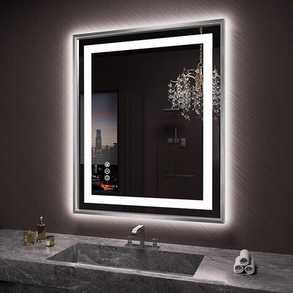 LED Bathroom Mirror 36"X30", Front Light and Backlit(Brushed Silver) | Metal Framed Mirror, Stepless Dimmable, Anti-Fog, HD Reflection, Shatter-Proof, Memory, 3 Colors, Double LED Vanity Mirror.