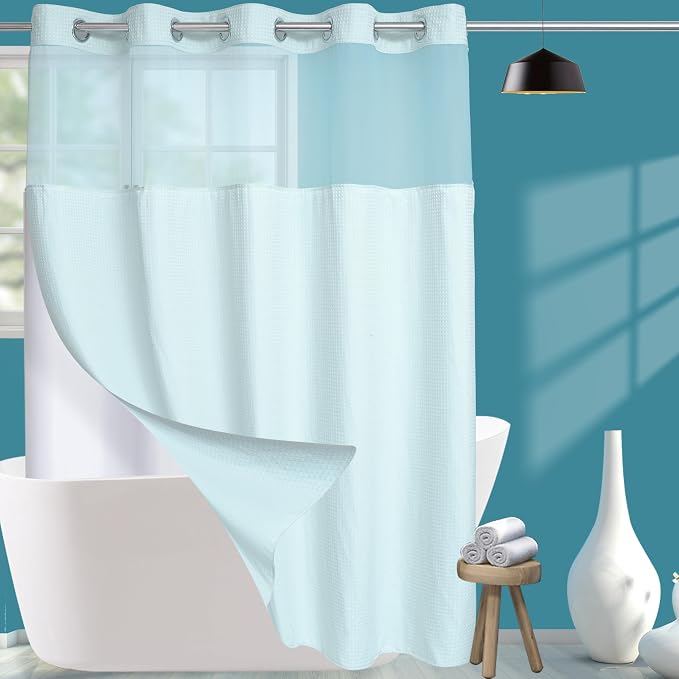 Conbo Mio Extra Long No Hook Waffle Weave Shower Curtain with Snap in Liner Set, Hotel Luxury Blue Shower Curtains for Bathroom with See Through Top Window, Waterproof, Washable 71W x 84H