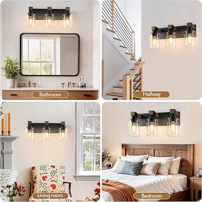 Farmhouse Bathroom Vanity Light Fixtures, Rustic 3-Light Wood Vanity Lights for Bathroom, Vintage Black Wall Sconces Lighting, Light fixtures Over Mirror, with Glass Shade