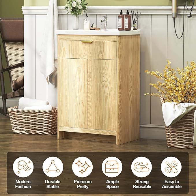 24" Modern Bathroom Vanity with Ceramic Sink, 2 Doors & 1 Drawer, Wooden Storage Cabinet, Actual 23.6" L x 18.5" W x 35.4" H