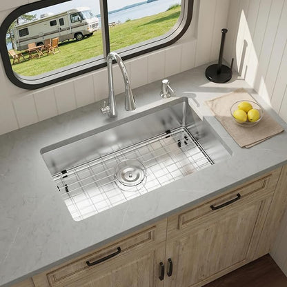Kitsitchen RV Ktichen Sink,16 Gauge T304 Stainless Steel Undermount Kitchen Sinks with Sink Drain Strainer & Bottom Gird, 27" x 16" x 7" Single Bowl Drop In Kitchen Sink for RV, Outdoor and Bathroom