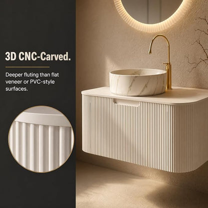 30 Inch Bathroom Vanity with Sink, Floating Wall Mounted Single Sink Vanity, White Curved Fluted Front, Stone Top, Marble-Look Round Vessel Basin, Pre-Assembled