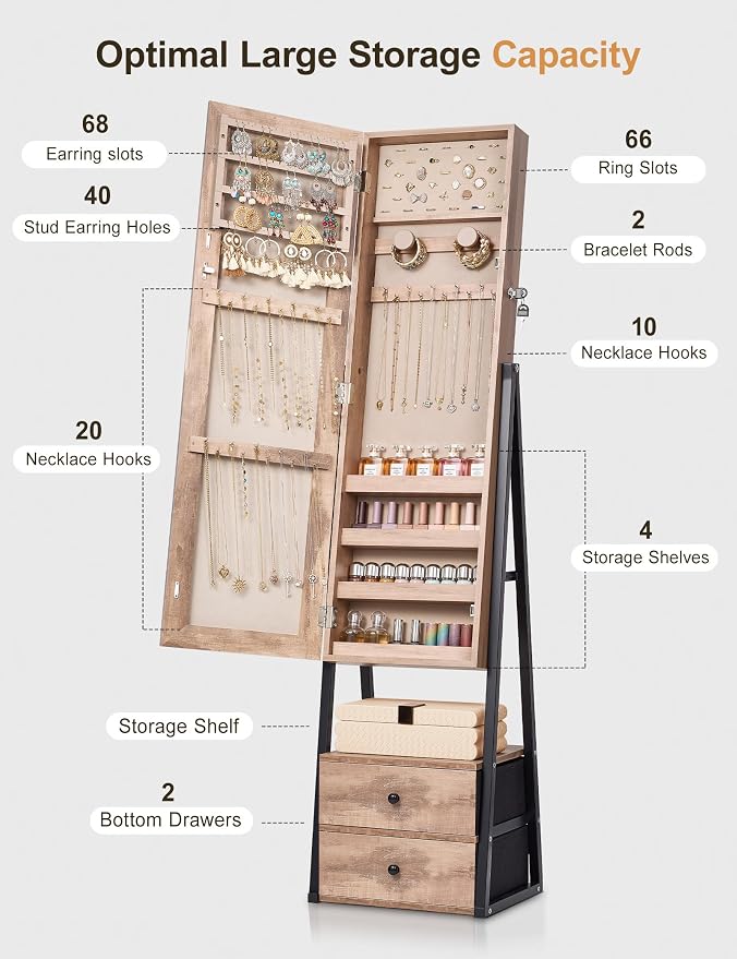 Nicetree Jewelry Cabinet Armoire, 2 Drawers, Full Length Mirror, Oak | Standing Mirror Jewelry Cabinet, Lockable Jewelry Armoire with Mirror, Adjustable Angles, Easy Assembly, Gift Idea, HD Glass