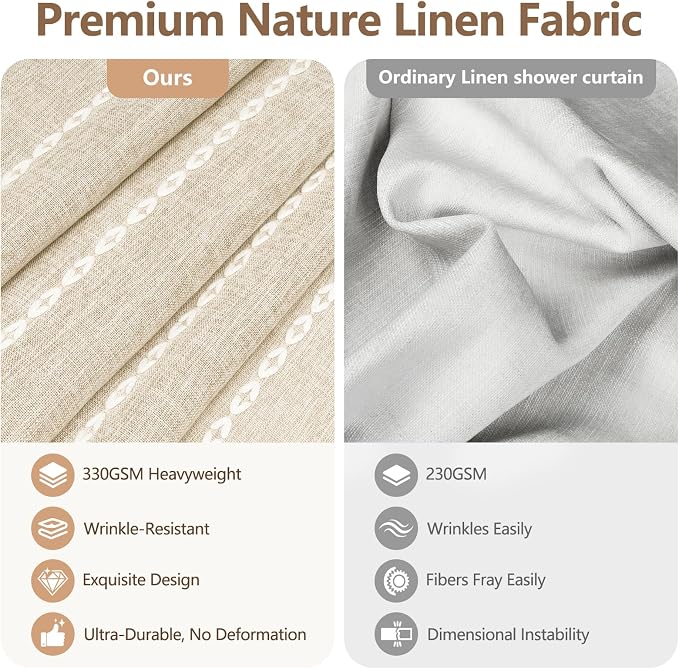 Seenus Boho Farmhouse Shower Curtain Heavyweight Extra Long 72 x 90 Inch, Beige Linen Textured Soft Fabric Shower Curtain with Tassels, Cream Striped Bathroom Décor Curtain Water Repellent