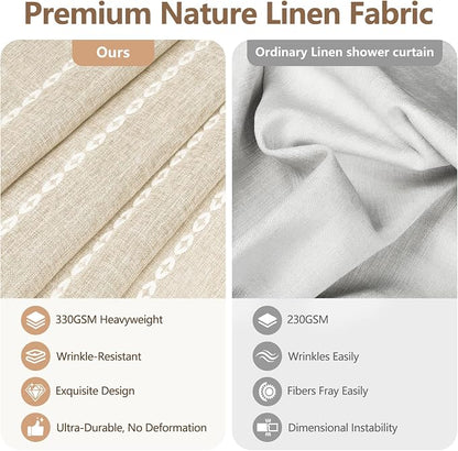 Seenus Boho Farmhouse Shower Curtain Heavyweight Extra Long 72 x 90 Inch, Beige Linen Textured Soft Fabric Shower Curtain with Tassels, Cream Striped Bathroom Décor Curtain Water Repellent
