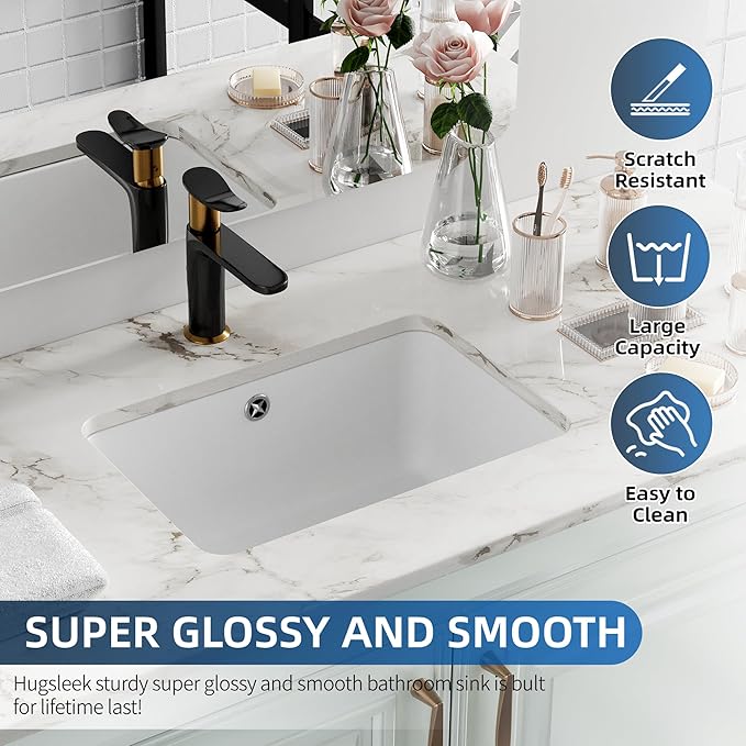 Undermount Bathroom Sink Rectangle, Hugsleek Interior Bowl Size 16 x 11 inch White Porcelain Ceramic Vessel Sink Under Counter Exterior Size 18x13in Rectangular Bath Sink Basin Lavatory Fireclay