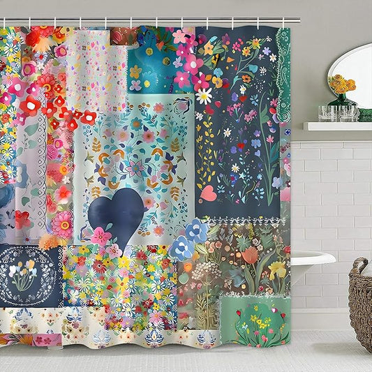 4-Piece Boho Floral Shower Curtain Bohemian Wildflower Design Bathroom Set with Shower Curtain and Rugs, Cute Fun Decorative Bath Set with Hooks for Home Decor