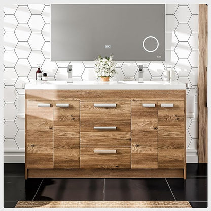 Eviva Lugano 60 in. Natural Oak Double Sink Bath Vanity with Acrylic Top and Integrated Sinks