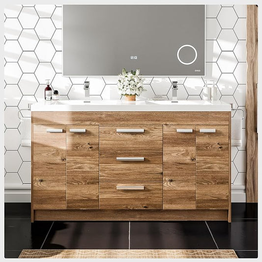 Eviva Lugano 60 in. Natural Oak Double Sink Bath Vanity with Acrylic Top and Integrated Sinks