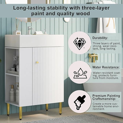 Merax 21.6" Single Sink Bathroom Vanity, Freestanding Bathroom Vanity with Open Shlef, Wood Bathroom Cabinet with Ceramic Basin Sink Top, White