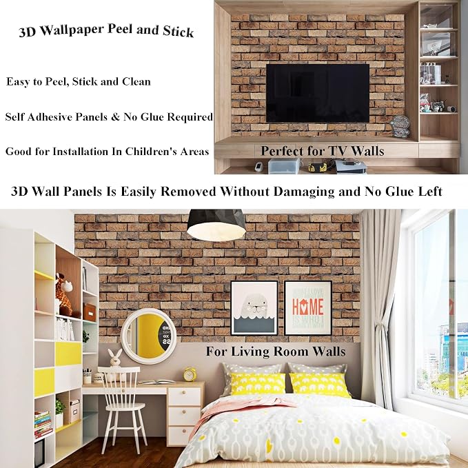 3D Wall Panels Peel and Stick 10 Pcs Brick Textured PVC Panels | 11.81*11.81 Inch, Waterproof, Self-Adhesive Wall Tiles, for Accent Walls, Kitchen, Bathroom, Bedroom & Office Decor